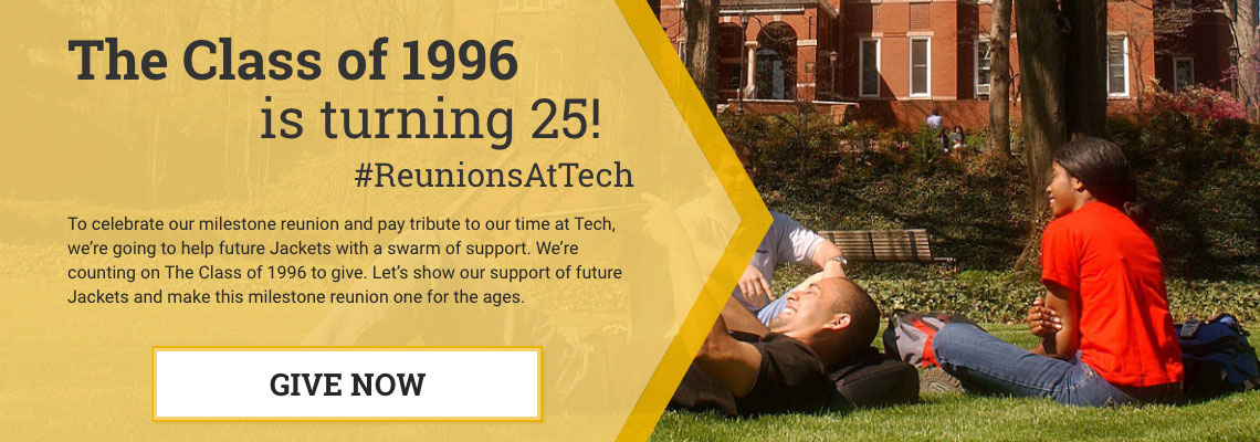 class of 1996 with photo of students relaxing in the grass